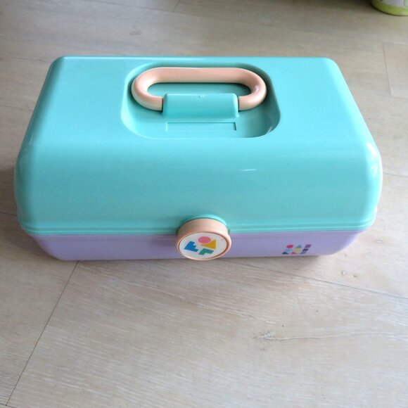 Vintage 90s Lavender/Teal Caboodles Makeup Jewelry Case 2 Tier Handle Mirror USA - Picture 2 of 10